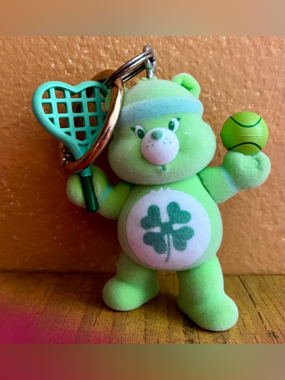 Good Luck Care Bear playing Pickleball Handmade Keychain